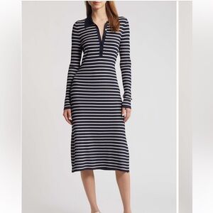 Boss Navy and Cream Striped Long Sleeve Dress